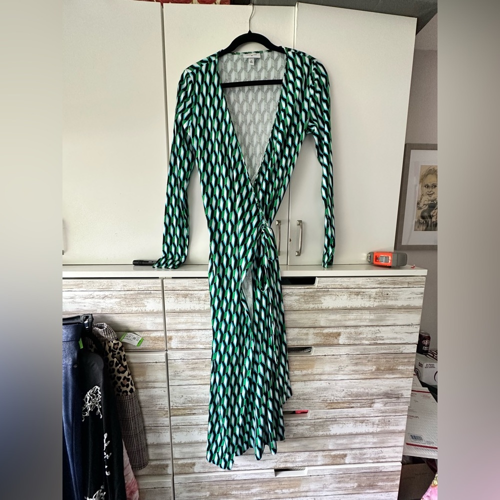 💚 Diane von Furstenberg DVF Geometric Wrap Dress XS Green Black